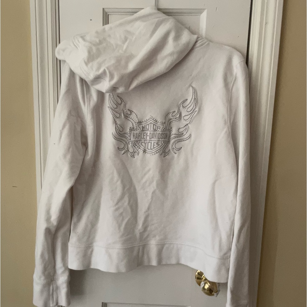 Harley Davidson Embroidered Flames Logo Studded Bling Hoodie in White